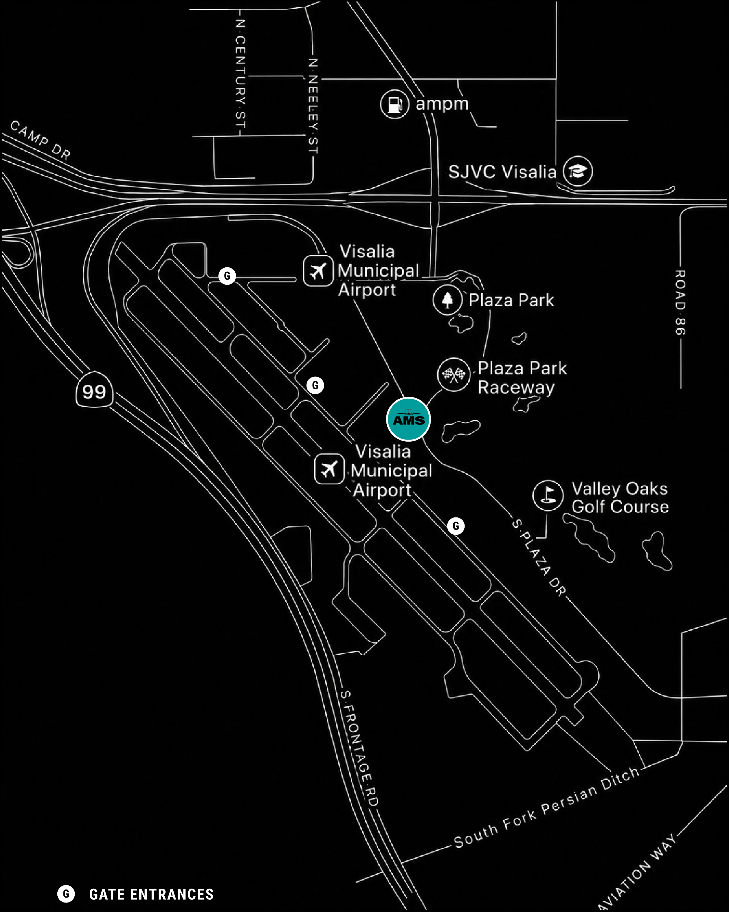 Map of Visalia Municipal Airport showing the AMS hangar and gate entrances